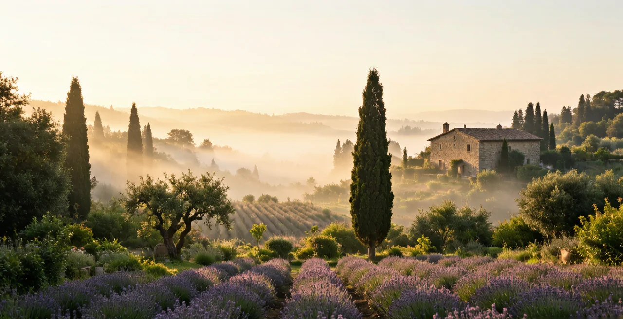 A garden landscape at first light